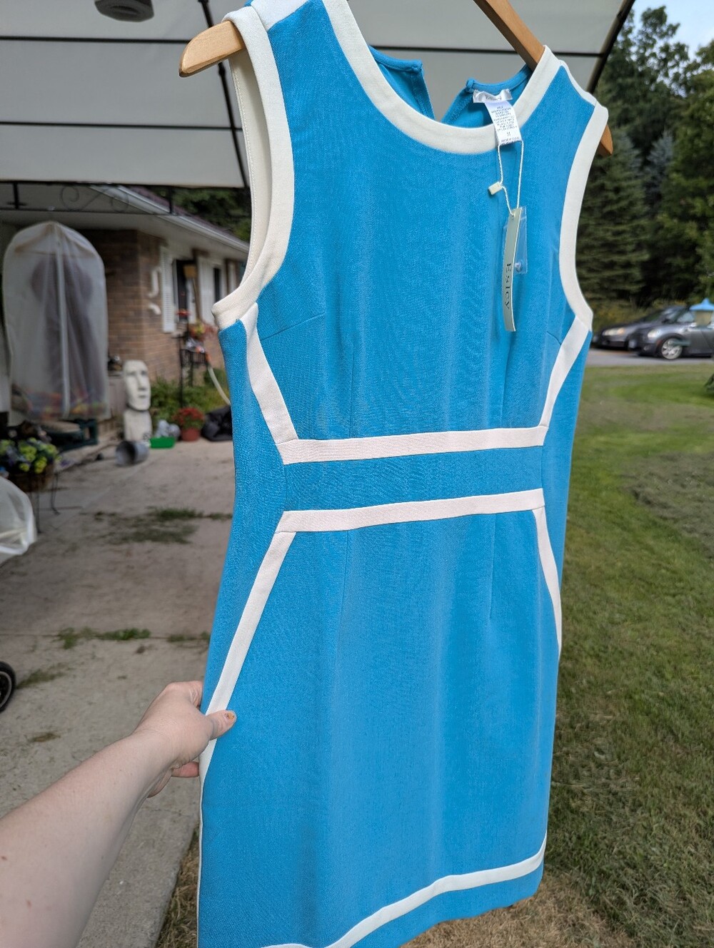 Esley "Self" Mod Dress Bright Blue And Cream Medium, New But Tiny Coffee Stain